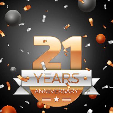 Gümüş şerit konfeti ve daireler ile yirmi bir yıl yıldönümü kutlama arka plan. Yıldönümü şerit. Vektör çizim.