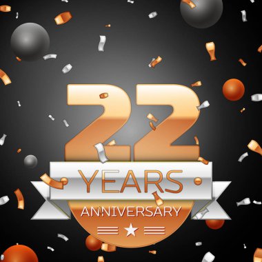 Yirmi iki yıl yıldönümü kutlama ve arka plan gümüş şerit konfeti daireler. Yıldönümü şerit. Vektör çizim.