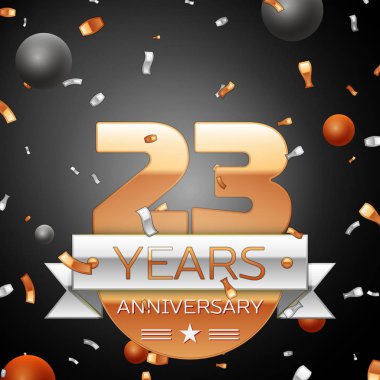 Yirmi üç yıl yıldönümü kutlama ve arka plan gümüş şerit konfeti daireler. Yıldönümü şerit. Vektör çizim.
