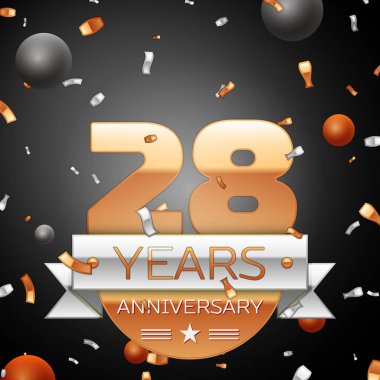 Gümüş şerit konfeti ve daireler ile yirmi sekiz yıl yıldönümü kutlama arka plan. Yıldönümü şerit. Vektör çizim.