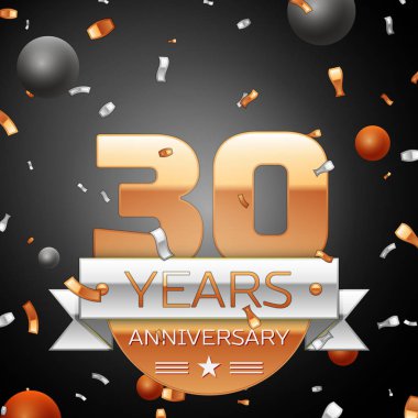 Gümüş şerit konfeti ve daireler ile otuz yıl yıldönümü kutlama arka plan. Yıldönümü şerit. Vektör çizim.