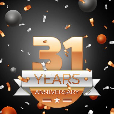 Gümüş şerit konfeti ve daireler ile otuz bir yıl yıldönümü kutlama arka plan. Yıldönümü şerit. Vektör çizim.