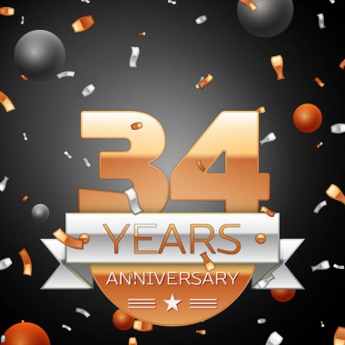 Gümüş şerit konfeti ve daireler ile otuz dört yıl yıldönümü kutlama arka plan. Yıldönümü şerit. Vektör çizim.