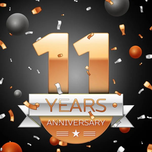 Onze ans anniversaire fond de célébration avec des confettis de ruban d'argent et des cercles. Ruban anniversaire. Illustration vectorielle . — Image vectorielle