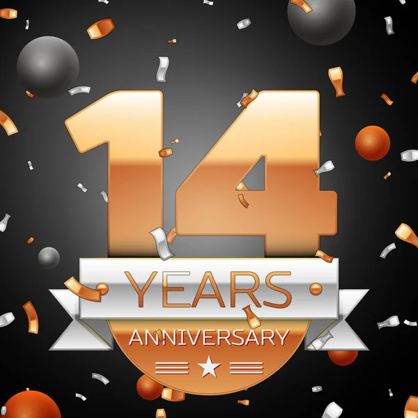 Čtrnáct let výročí oslav pozadí s konfety stříbrné stuhy a kruhy. Výročí pásu. Vektorové ilustrace. — Stockový vektor