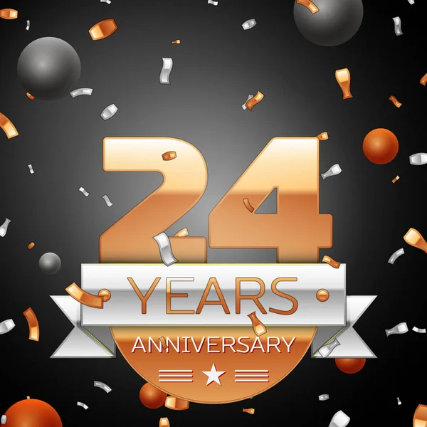 Twenty four years anniversary celebration background with silver ribbon confetti and circles. Anniversary ribbon. Vector illustration. — Stock Vector