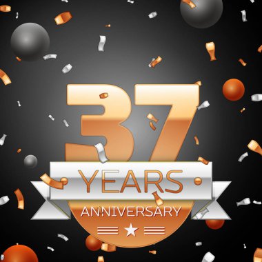 Gümüş şerit konfeti ve daireler ile otuz yedi yıl yıldönümü kutlama arka plan. Yıldönümü şerit. Vektör çizim.