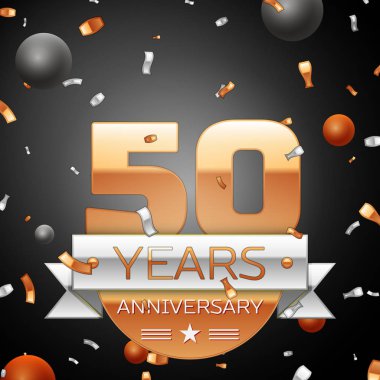 Gümüş şerit konfeti ve daireler ile elli yıl yıldönümü kutlama arka plan. Yıldönümü şerit. Vektör çizim.