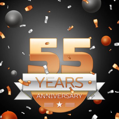 Elli beş yıl yıldönümü kutlama ve arka plan gümüş şerit konfeti daireler. Yıldönümü şerit. Vektör çizim.