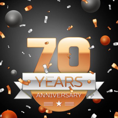 Gümüş şerit konfeti ve daireler ile yetmiş yıl yıldönümü kutlama arka plan. Yıldönümü şerit. Vektör çizim.