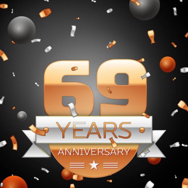 Gümüş şerit konfeti ve daireler ile Altmış dokuz yıl yıldönümü kutlama arka plan. Yıldönümü şerit. Vektör çizim.