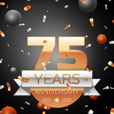 Gümüş şerit konfeti ve daireler ile yetmiş beş yıl yıldönümü kutlama arka plan. Yıldönümü şerit. Vektör çizim.