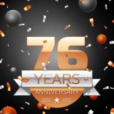 Gümüş şerit konfeti ve daireler ile yetmiş altı yıl yıldönümü kutlama arka plan. Yıldönümü şerit. Vektör çizim.