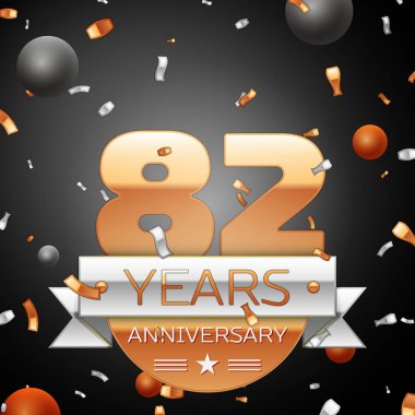 Gümüş şerit konfeti ve daireler ile seksen iki yıl yıldönümü kutlama arka plan. Yıldönümü şerit. Vektör çizim.