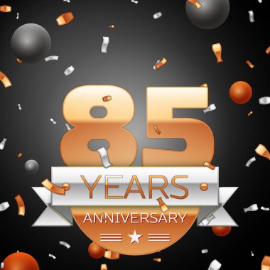 Seksen beş yıl yıldönümü kutlama ve arka plan gümüş şerit konfeti daireler. Yıldönümü şerit. Vektör çizim.