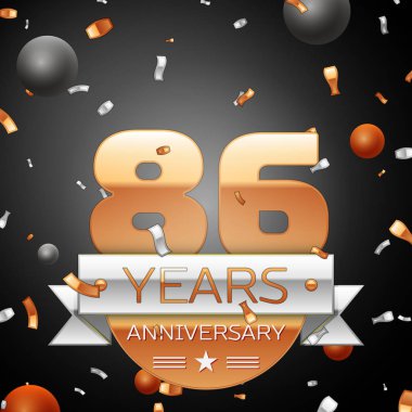 Seksen altı yıl yıldönümü kutlama ve arka plan gümüş şerit konfeti daireler. Yıldönümü şerit. Vektör çizim.