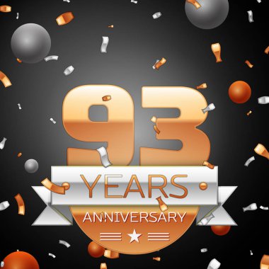 Gümüş şerit konfeti ve daireler ile doksan üç yıl yıldönümü kutlama arka plan. Yıldönümü şerit. Vektör çizim.