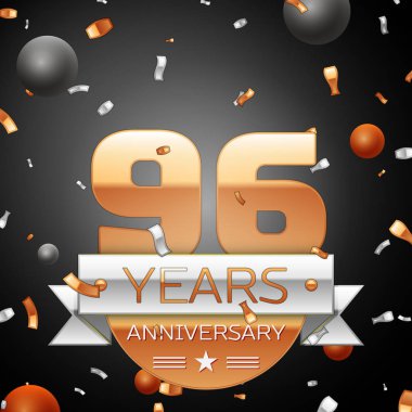 Gümüş şerit konfeti ve daireler ile doksan altı yıl yıldönümü kutlama arka plan. Yıldönümü şerit. Vektör çizim.