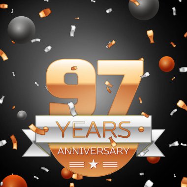 Gümüş şerit konfeti ve daireler ile doksan yedi yıl yıldönümü kutlama arka plan. Yıldönümü şerit. Vektör çizim.