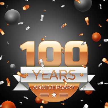Gümüş şerit konfeti ve daireler ile yüz yıl yıldönümü kutlama arka plan. Yıldönümü şerit. Vektör çizim.