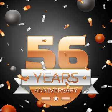 Gümüş şerit konfeti ve daireler ile elli altı yıl yıldönümü kutlama arka plan. Yıldönümü şerit. Vektör çizim.