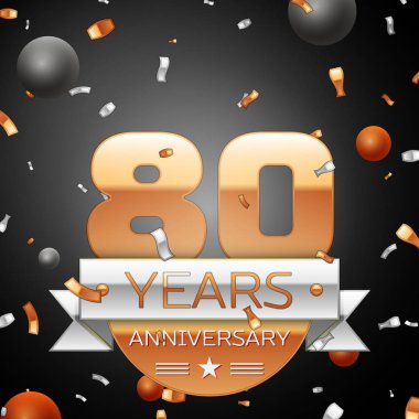 Gümüş şerit konfeti ve daireler ile 80 yıl yıldönümü kutlama arka plan. Yıldönümü şerit. Vektör çizim.