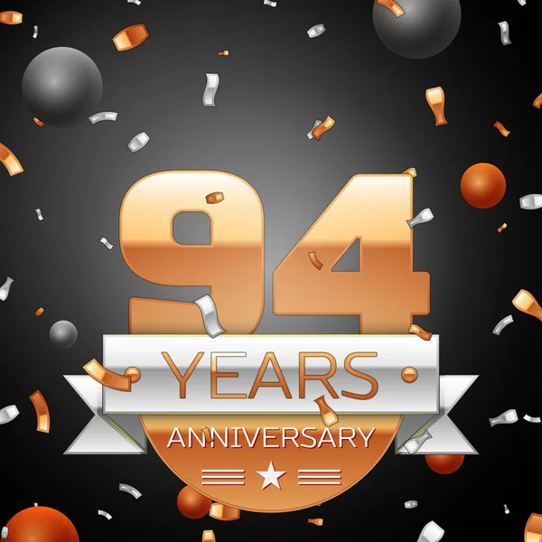 Devadesát čtyři roky výročí oslav pozadí s konfety stříbrné stuhy a kruhy. Výročí pásu. Vektorové ilustrace. — Stockový vektor