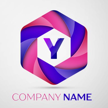 Y harfi renkli logo altıgen gri arka plan üzerinde. Tasarımınız için vektör şablonu