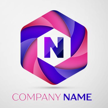 N harfi renkli logo altıgen gri arka plan üzerinde. Tasarımınız için vektör şablonu