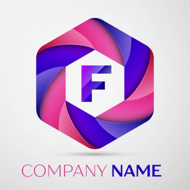 F harfi renkli logo altıgen gri arka plan üzerinde. Tasarımınız için vektör şablonu