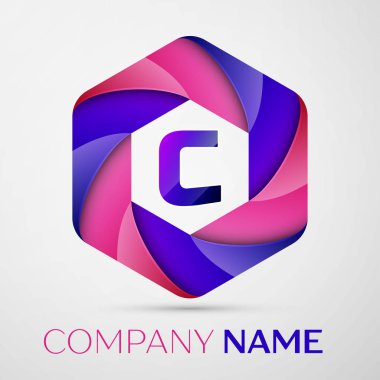 C harfi renkli logo altıgen gri arka plan üzerinde. Tasarımınız için vektör şablonu
