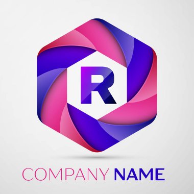 R harfi renkli logo altıgen gri arka plan üzerinde. Tasarımınız için vektör şablonu