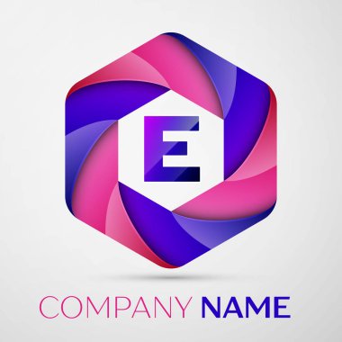 E mektup renkli logo altıgen gri arka plan üzerinde. Tasarımınız için vektör şablonu