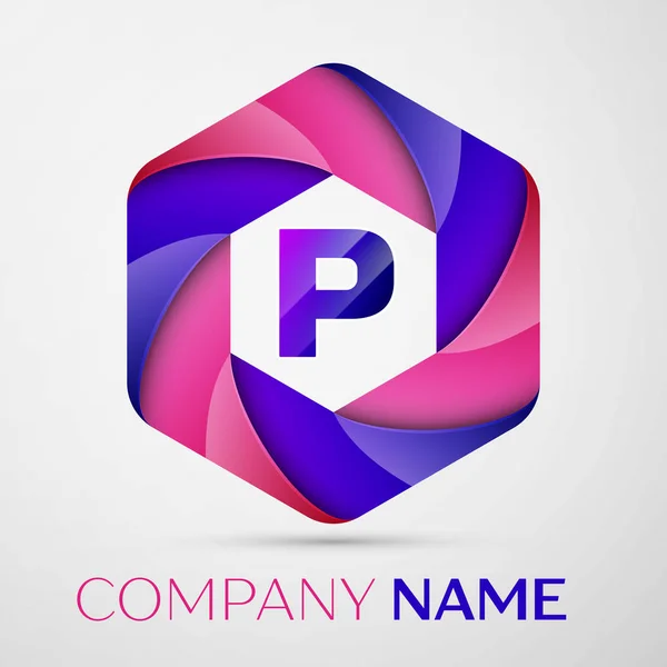 P Letter colorful logo in the hexagonal on grey background. Vector template for your design — Stock Vector