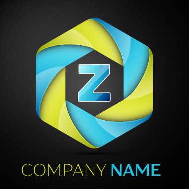 Mektup renkli logo altıgen siyah arka plan üzerine. Tasarımınız için vektör şablonu