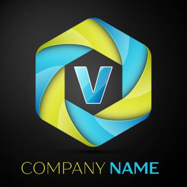 V harfi renkli logo altıgen siyah arka plan üzerine. Tasarımınız için vektör şablonu