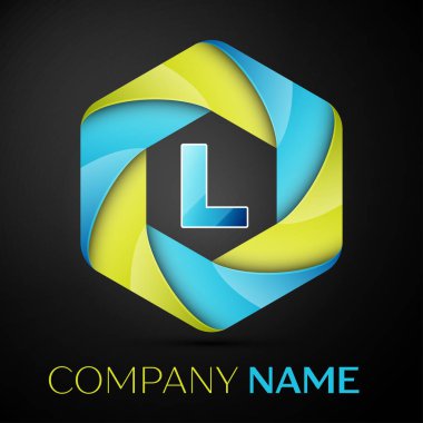 L harfi renkli logo altıgen siyah arka plan üzerine. Tasarımınız için vektör şablonu