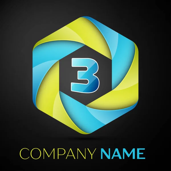 Drie nummer kleurrijke logo in de zeshoekige op zwarte achtergrond. Vector sjabloon voor uw ontwerp — Stockvector