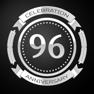 Doksan altı yıl yıldönümü kutlamaları gümüş halkalı ve siyah arka plan üzerine şerit. Vektör çizim