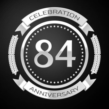 Seksen dört yıl yıldönümü kutlamaları gümüş halkalı ve siyah arka plan üzerine şerit. Vektör çizim