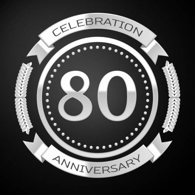 Seksen yıl yıldönümü kutlamaları gümüş halkalı ve siyah arka plan üzerine şerit. Vektör çizim