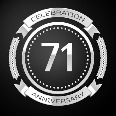 Yetmiş bir yıl yıldönümü kutlamaları gümüş halkalı ve siyah arka plan üzerine şerit. Vektör çizim