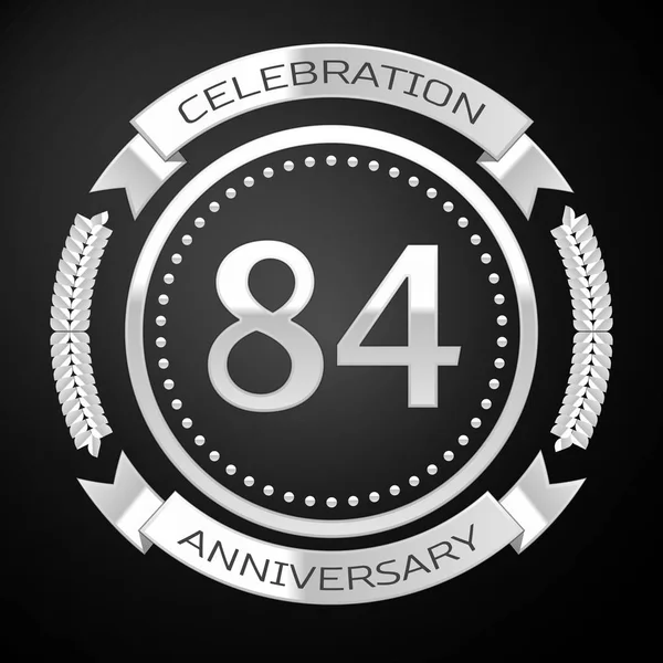 Ochenta y cuatro años de celebración del aniversario con anillo de plata y cinta sobre fondo negro. Ilustración vectorial — Archivo Imágenes Vectoriales
