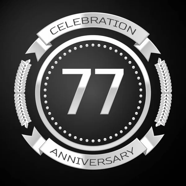 Setenta y siete años de celebración del aniversario con anillo de plata y cinta sobre fondo negro. Ilustración vectorial — Archivo Imágenes Vectoriales