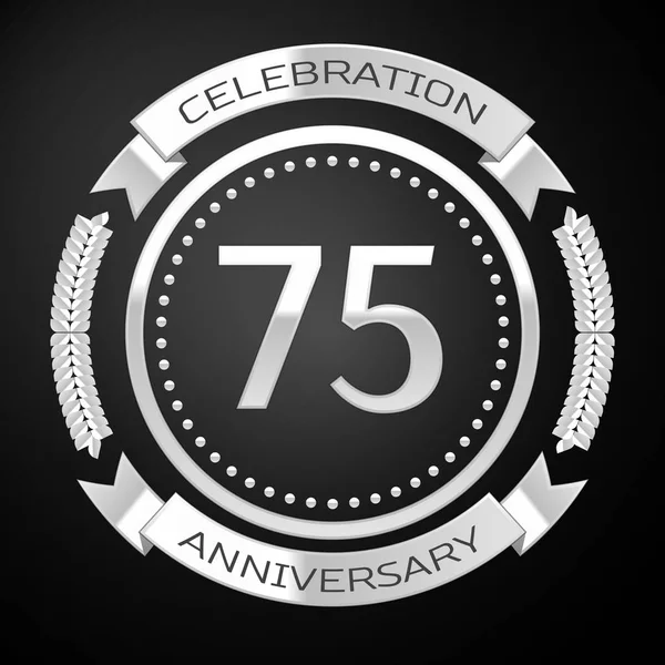 Setenta y cinco años de celebración del aniversario con anillo de plata y cinta sobre fondo negro. Ilustración vectorial — Archivo Imágenes Vectoriales