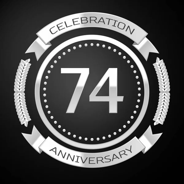 Setenta y cuatro años de celebración del aniversario con anillo de plata y cinta sobre fondo negro. Ilustración vectorial — Archivo Imágenes Vectoriales