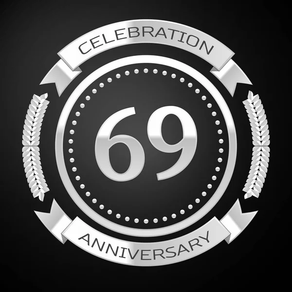 Sesenta y nueve años de celebración del aniversario con anillo de plata y cinta sobre fondo negro. Ilustración vectorial — Archivo Imágenes Vectoriales