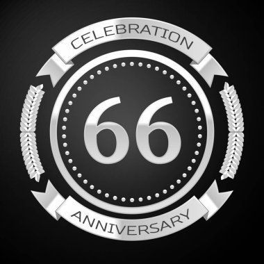 Altmış altı yıl yıldönümü kutlamaları gümüş halkalı ve siyah arka plan üzerine şerit. Vektör çizim