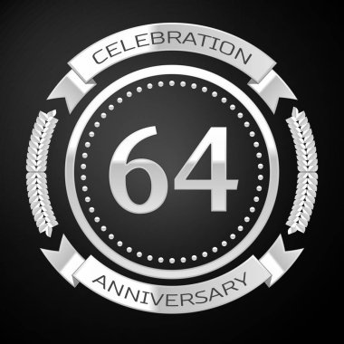 Altmış dört yıl yıldönümü kutlamaları gümüş halkalı ve siyah arka plan üzerine şerit. Vektör çizim
