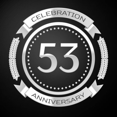 Elli üç yıl yıldönümü kutlamaları gümüş halkalı ve siyah arka plan üzerine şerit. Vektör çizim